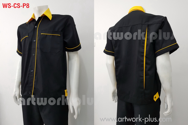 เสื้อช็อปสำเร็จรูป, เสื้อพนักงานแขนสั้น ,เสื้อช่างโรงงาน, เสื้อสีดำแต่งเหลือง, WS-CS-P8